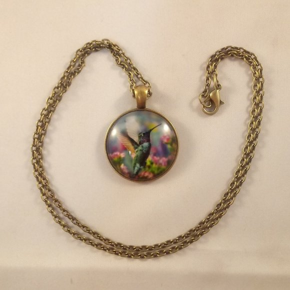 Gold Hummingbird Cabochon Pendant Necklace 20" Gift - Picture 3 of 3